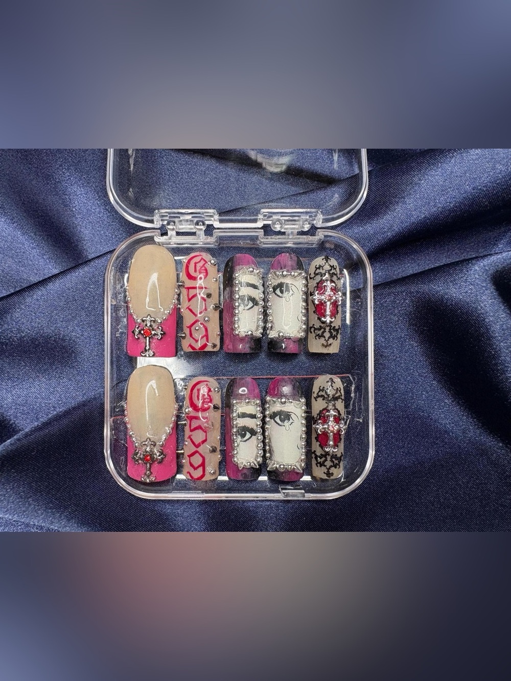 G59 Press-On Nail Set with Pink, Beige & Black Accents